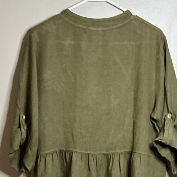 BELLA AMBRA Made In Italy Linen Roll Tab Sleeve Tiered Dress in Olive Size M - Picture 4 of 5